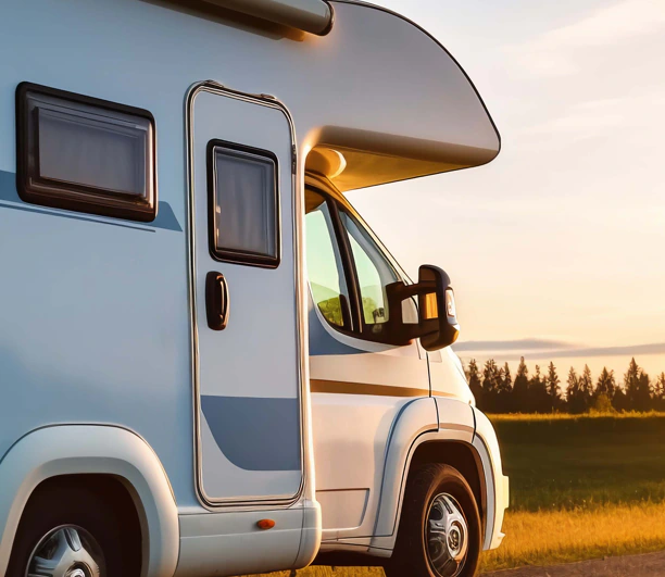 Autocaravana aparcada en el campo al atardecer